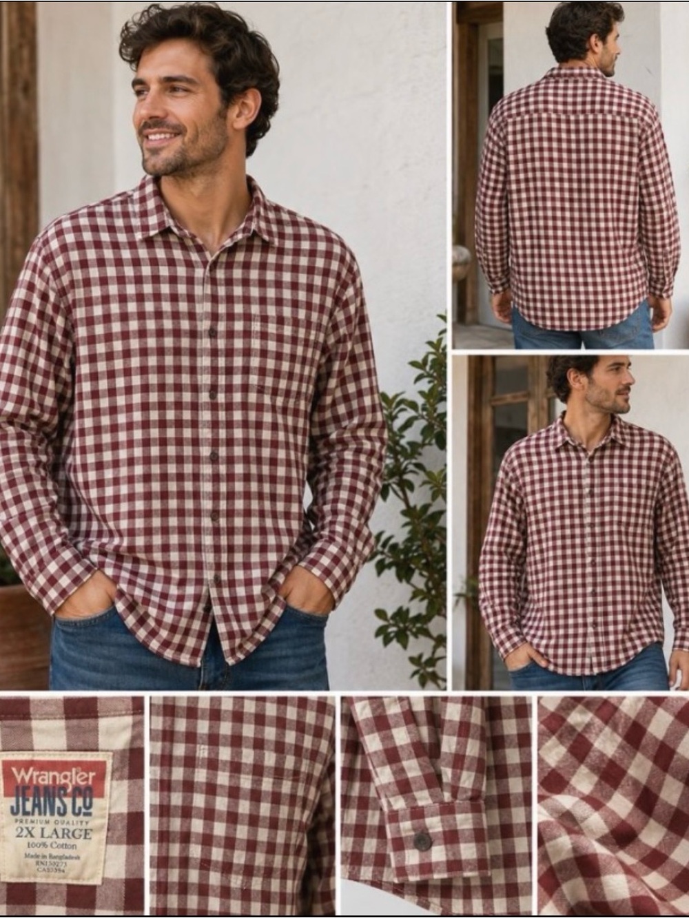 Wrangler Men's Burgundy Gingham Plaid Long Sleeve Button Down Shirt 2XL XX-Large